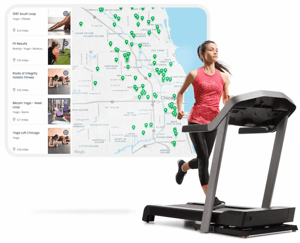 woman running on treadmill with a map of gyms