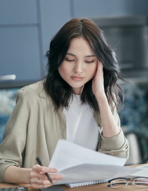 Woman reading and analyzing a piece of paper