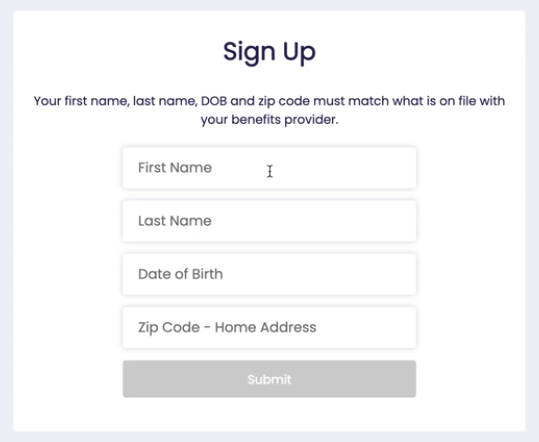 image showing form requiring first name, last name, date of birth and zip code to sign up